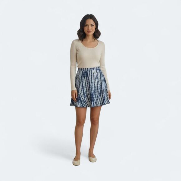 Lafayette 148 Silk Blend Skirt Tie dye lined knee length size 4 blue tulip flare - Picture 1 of 11